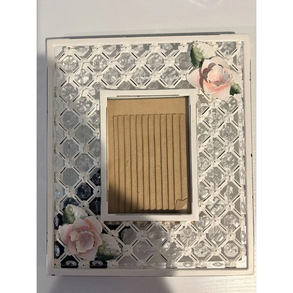 Vintage Interior Accents Shabby  Roses Photo Frame Crystal Beads Metal Floral